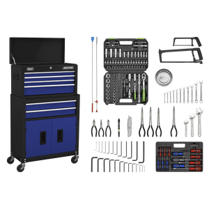 A Sealey Topchest & Rollcab Combination 6 Drawer with Ball-Bearing Slides in Blue/Black (AP22BCOMBO), accompanied by a 170-piece tool kit that includes a Combination Spanner Set, needle nose pliers, screwdrivers, a socket set, hex keys, hacksaws, and a utility knife.