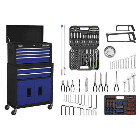 Topchest & Rollcab Combination 6 Drawer with Ball-Bearing Slides - Blue/Black & 170pc Tool Kit - AP22BCOMBO - Farming Parts