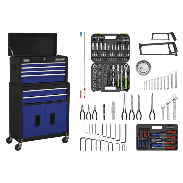 Topchest & Rollcab Combination 6 Drawer with Ball-Bearing Slides - Blue/Black & 170pc Tool Kit - AP22BCOMBO - Farming Parts