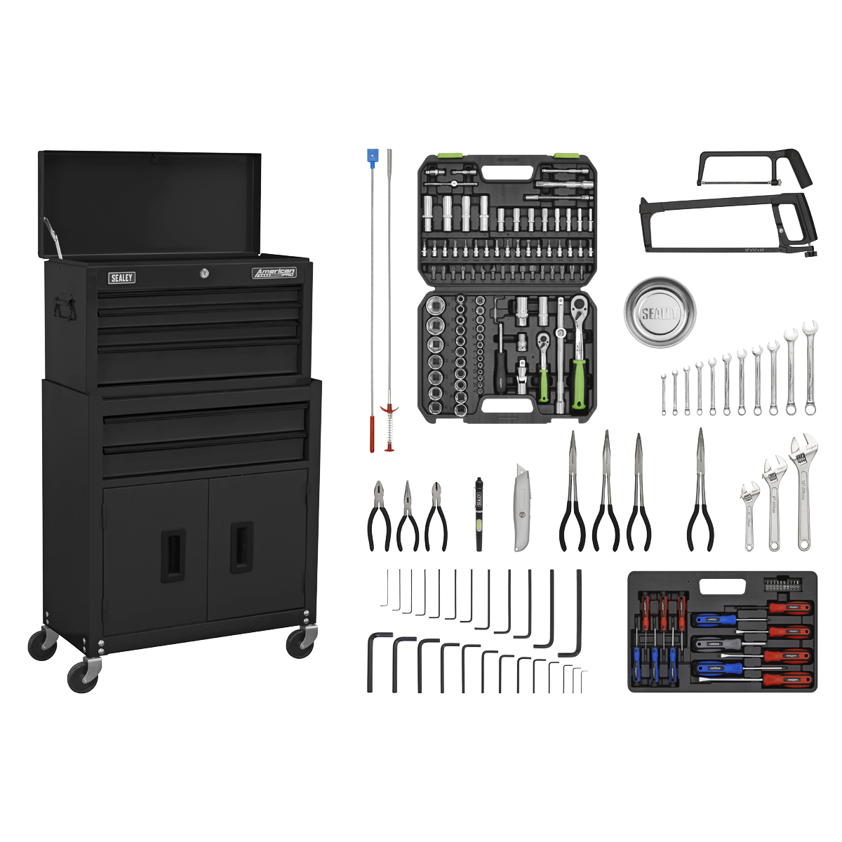 Topchest & Rollcab Combination 6 Drawer with Ball-Bearing Slides - Black & 170pc Tool Kit - AP22BKCOMBO - Farming Parts
