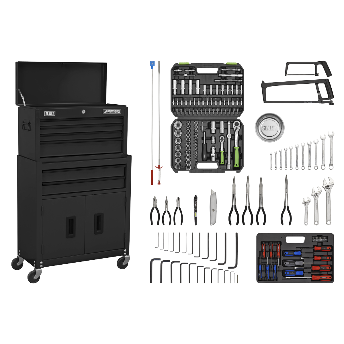 The Sealey Topchest & Rollcab Combination 6 Drawer with Ball-Bearing Slides - Black & 170pc Tool Kit - AP22BKCOMBO includes a black wheeled tool chest with an open top drawer and ball-bearing slides for smooth operation. It comes equipped with various tools, such as socket sets, screwdrivers, adjustable wrench sets, pliers, hex keys, hacksaws, and a magnetic parts tray.