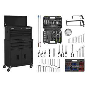 The Sealey Topchest & Rollcab Combination 6 Drawer with Ball-Bearing Slides - Black & 170pc Tool Kit - AP22BKCOMBO includes a black wheeled tool chest with an open top drawer and ball-bearing slides for smooth operation. It comes equipped with various tools, such as socket sets, screwdrivers, adjustable wrench sets, pliers, hex keys, hacksaws, and a magnetic parts tray.