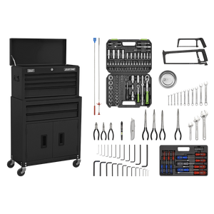 The Sealey Topchest & Rollcab Combination 6 Drawer with Ball-Bearing Slides - Black & 170pc Tool Kit - AP22BKCOMBO includes a black wheeled tool chest with an open top drawer and ball-bearing slides for smooth operation. It comes equipped with various tools, such as socket sets, screwdrivers, adjustable wrench sets, pliers, hex keys, hacksaws, and a magnetic parts tray.