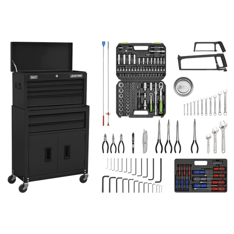 Topchest & Rollcab Combination 6 Drawer with Ball-Bearing Slides - Black & 170pc Tool Kit - AP22BKCOMBO - Farming Parts
