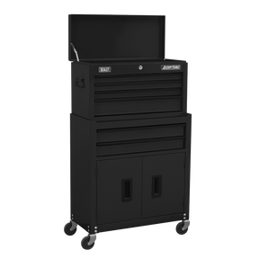 The Sealey Topchest & Rollcab Combination 6 Drawer with Ball-Bearing Slides - Black (AP22BK) is a black rolling tool chest that includes four drawers, a top compartment, and two doors at the bottom for effective tool storage and organization. It features American PRO® Ball-Bearing slides and comes with a 2-year guarantee.