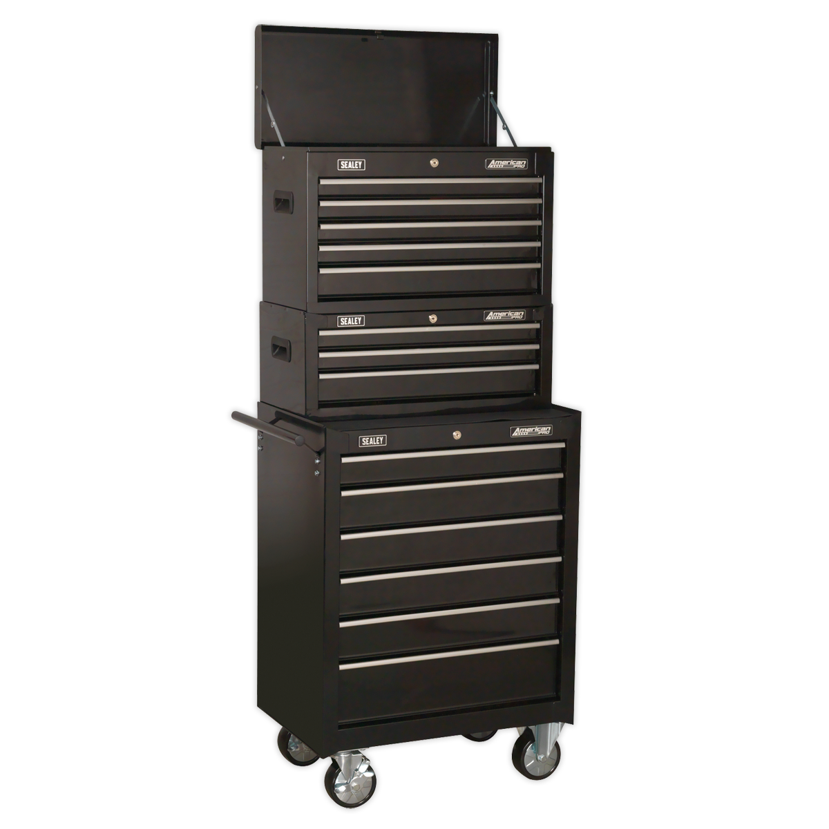 The Sealey AP22BSTACK is a black, multi-drawer tool chest on wheels featuring two stacked sections with silver handles. This workshop tool storage solution includes 14 drawers with smooth ball-bearing slides, a top-opening compartment, and cylinder locks for enhanced security.