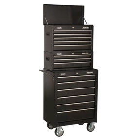 The Sealey AP22BSTACK is a black, multi-drawer tool chest on wheels featuring two stacked sections with silver handles. This workshop tool storage solution includes 14 drawers with smooth ball-bearing slides, a top-opening compartment, and cylinder locks for enhanced security.