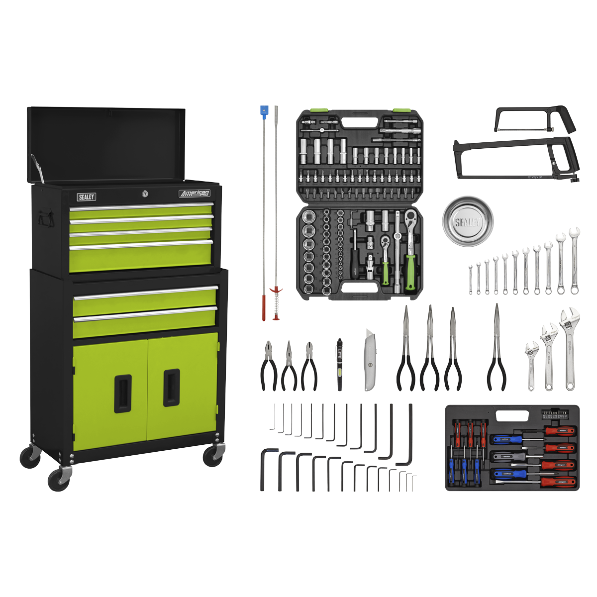 Topchest & Rollcab Combination 6 Drawer with Ball-Bearing Slides - Green/Black & 170pc Tool Kit - AP22HVGCOMBO - Farming Parts