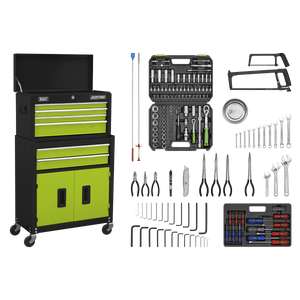 Topchest & Rollcab Combination 6 Drawer with Ball-Bearing Slides - Green/Black & 170pc Tool Kit - AP22HVGCOMBO - Farming Parts