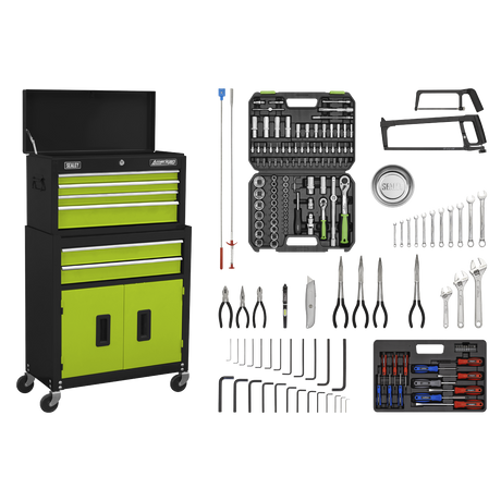 Topchest & Rollcab Combination 6 Drawer with Ball-Bearing Slides - Green/Black & 170pc Tool Kit - AP22HVGCOMBO - Farming Parts