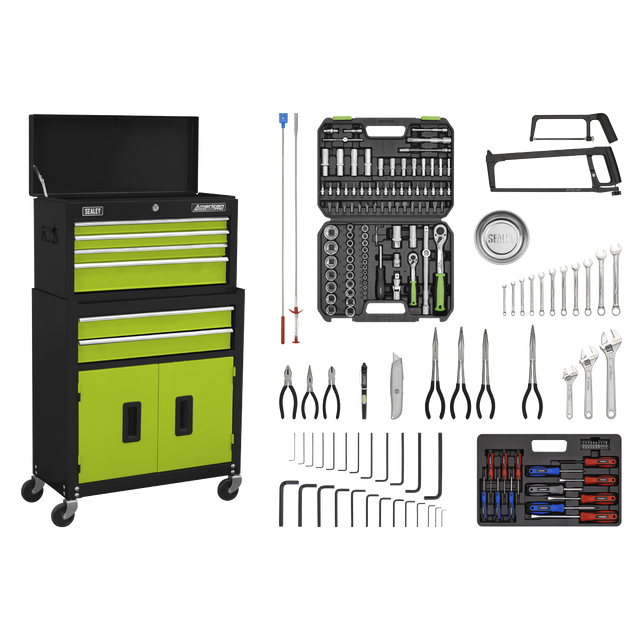 Topchest & Rollcab Combination 6 Drawer with Ball-Bearing Slides - Green/Black & 170pc Tool Kit - AP22HVGCOMBO - Farming Parts