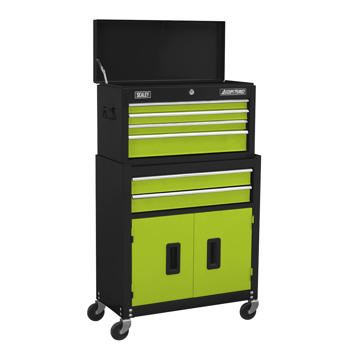 A black and green Sealey Topchest & Rollcab Combination 6 Drawer with Ball-Bearing Slides - Hi-Vis Green (AP22HVG) featuring multiple drawers and compartments on wheels. This mid-size combo includes an open top section and black handles on the sides.