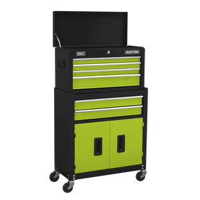 A black and green Sealey Topchest & Rollcab Combination 6 Drawer with Ball-Bearing Slides - Hi-Vis Green (AP22HVG) featuring multiple drawers and compartments on wheels. This mid-size combo includes an open top section and black handles on the sides.