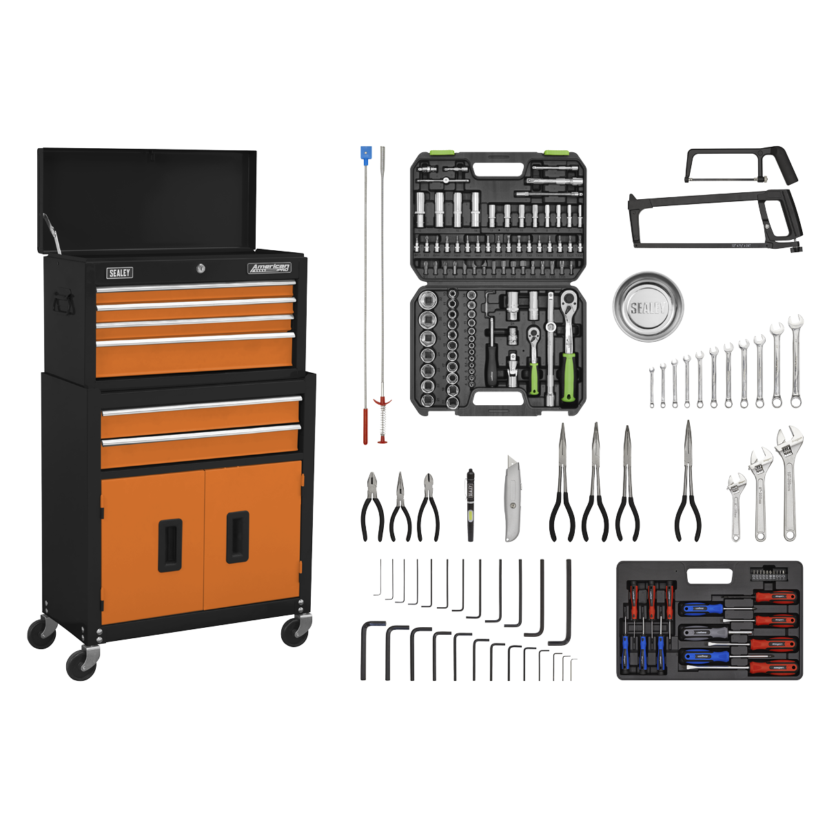 Topchest & Rollcab Combination 6 Drawer with Ball-Bearing Slides - Orange/Black & 170pc Tool Kit - AP22OCOMBO - Farming Parts
