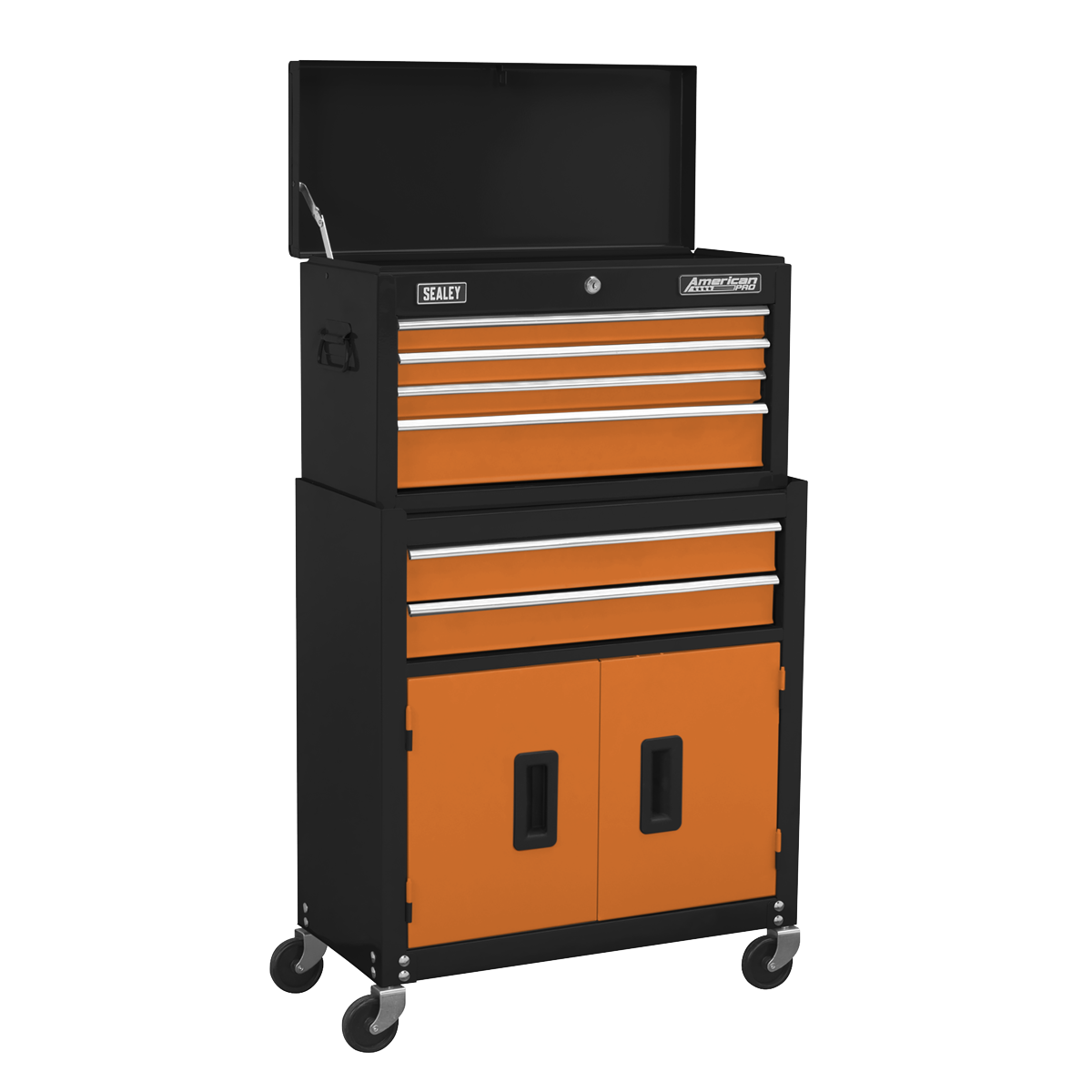 The Sealey Topchest & Rollcab Combination 6 Drawer with Ball-Bearing Slides in orange (AP22O) is a mid-size combo rolling tool chest featuring a black and orange color scheme. It includes multiple drawers, a bottom cabinet, four caster wheels for mobility, an open top section, and American PRO Ball-Bearing slides for smooth operation.