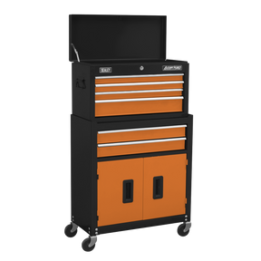 The Sealey Topchest & Rollcab Combination 6 Drawer with Ball-Bearing Slides in orange (AP22O) is a mid-size combo rolling tool chest featuring a black and orange color scheme. It includes multiple drawers, a bottom cabinet, four caster wheels for mobility, an open top section, and American PRO Ball-Bearing slides for smooth operation.