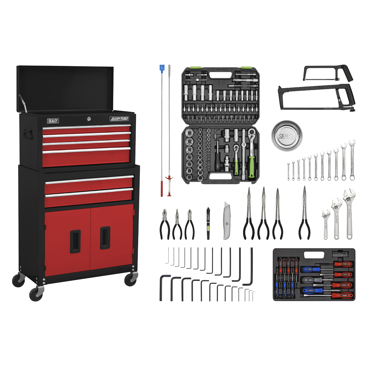 Topchest & Rollcab Combination 6 Drawer with Ball-Bearing Slides - Red/Black & 170pc Tool Kit - AP22RCOMBO - Farming Parts