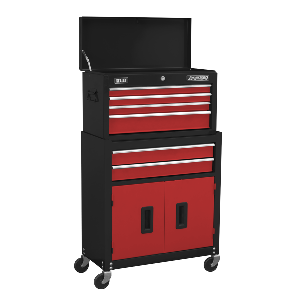 A sleek, mid-size combo, this red Sealey AP22R Topchest & Rollcab Combination 6 Drawer with Ball-Bearing Slides boasts multiple drawers and storage compartments, featuring a top lid, side handle, and caster wheels.