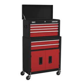 A sleek, mid-size combo, this red Sealey AP22R Topchest & Rollcab Combination 6 Drawer with Ball-Bearing Slides boasts multiple drawers and storage compartments, featuring a top lid, side handle, and caster wheels.