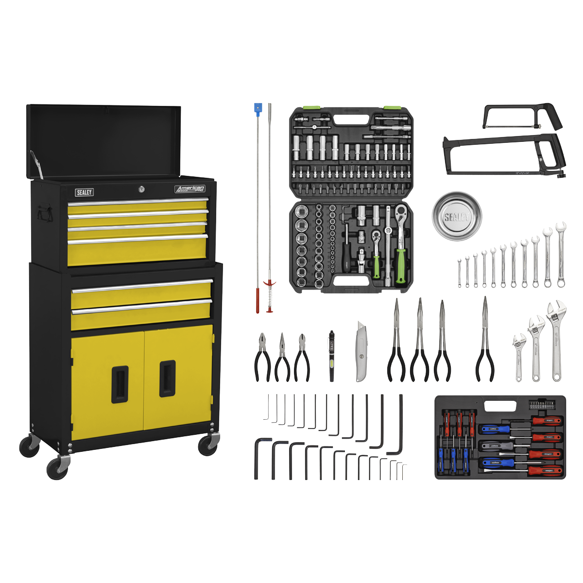 Topchest & Rollcab Combination 6 Drawer with Ball-Bearing Slides - Yellow/Black & 170pc Tool Kit - AP22YCOMBO - Farming Parts