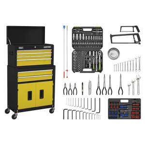 Topchest & Rollcab Combination 6 Drawer with Ball-Bearing Slides - Yellow/Black & 170pc Tool Kit - AP22YCOMBO - Farming Parts