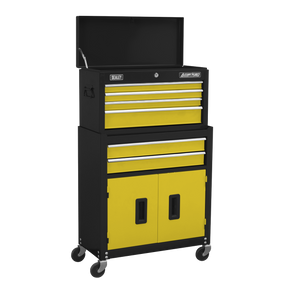 The Sealey Topchest & Rollcab Combination 6 Drawer with Ball-Bearing Slides in yellow (model AP22Y) is a mid-size rolling tool chest featuring multiple drawers, a cabinet, and a lift-up top section, branded with "Sealey" and "American Pro Ball-Bearing.