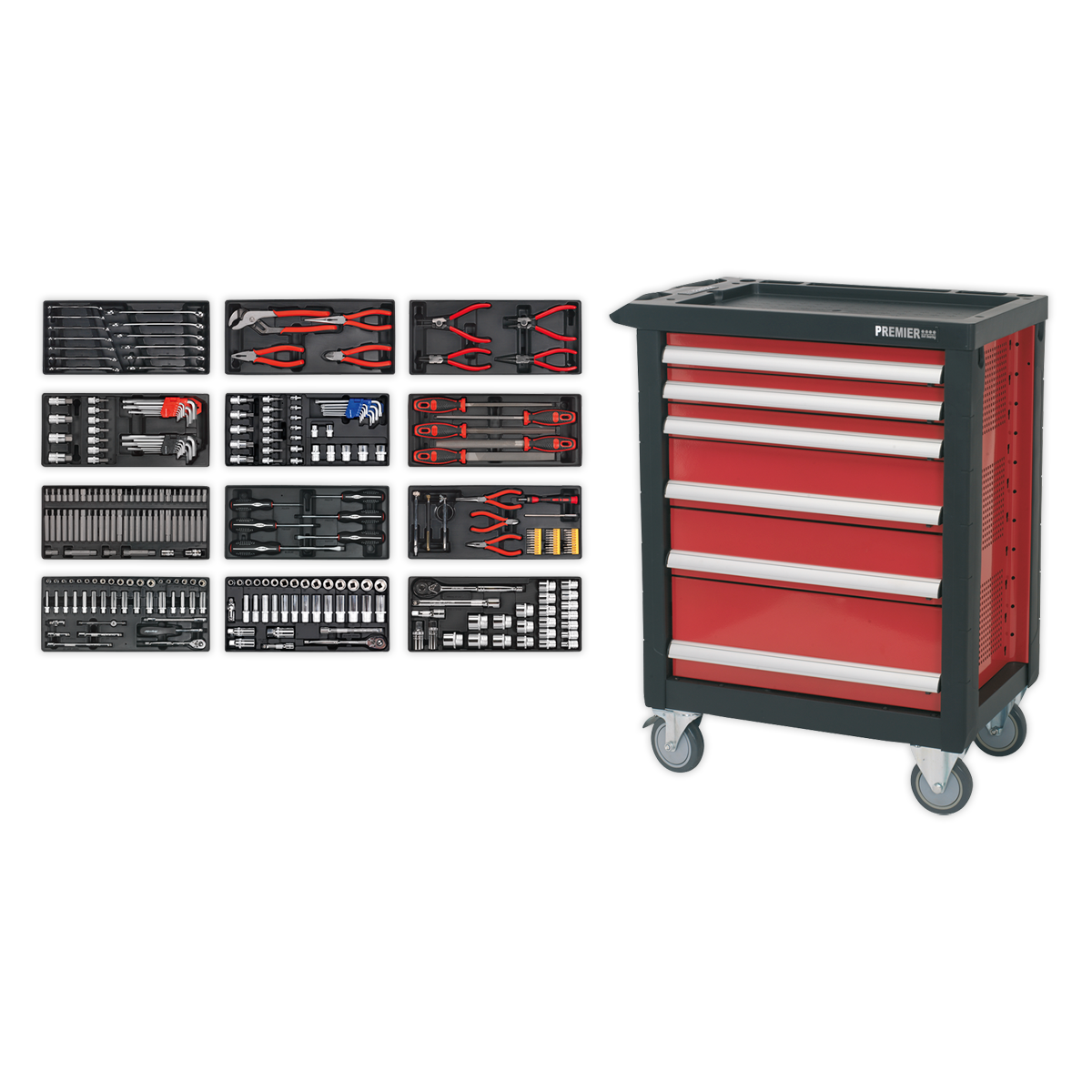 The Sealey Rollcab 6 Drawer with Ball-Bearing Slides & 298pc Tool Kit - AP2406TBTC01 boasts a durable heavy gauge steel construction in sleek red and black. It features six spacious drawers, each equipped with ball-bearing slides for smooth access, and comes fully stocked with 298 tools including wrenches, screwdrivers, pliers, and sockets, all neatly organized in compartments. The convenient wheeled design ensures easy mobility.