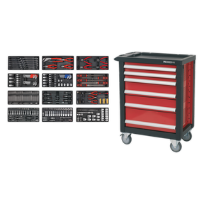 The Sealey Rollcab 6 Drawer with Ball-Bearing Slides & 298pc Tool Kit - AP2406TBTC01 boasts a durable heavy gauge steel construction in sleek red and black. It features six spacious drawers, each equipped with ball-bearing slides for smooth access, and comes fully stocked with 298 tools including wrenches, screwdrivers, pliers, and sockets, all neatly organized in compartments. The convenient wheeled design ensures easy mobility.