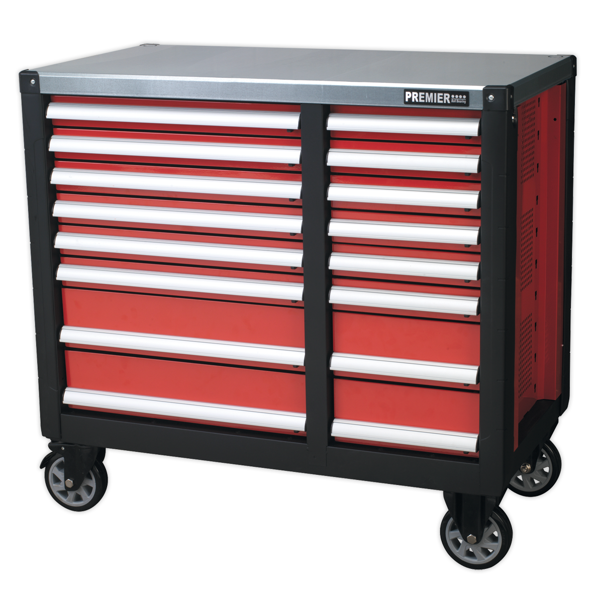 The Sealey Mobile Workstation 16 Drawer with Ball-Bearing Slides - AP24216 is a heavy-duty, rust-resistant tool chest on wheels. It features multiple drawers with silver handles and ball-bearing slides for smooth operation, and its red and black design is complemented by a flat top for added functionality.