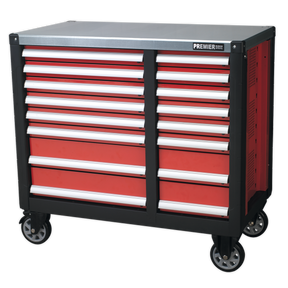 The Sealey Mobile Workstation 16 Drawer with Ball-Bearing Slides - AP24216 is a heavy-duty, rust-resistant tool chest on wheels. It features multiple drawers with silver handles and ball-bearing slides for smooth operation, and its red and black design is complemented by a flat top for added functionality.