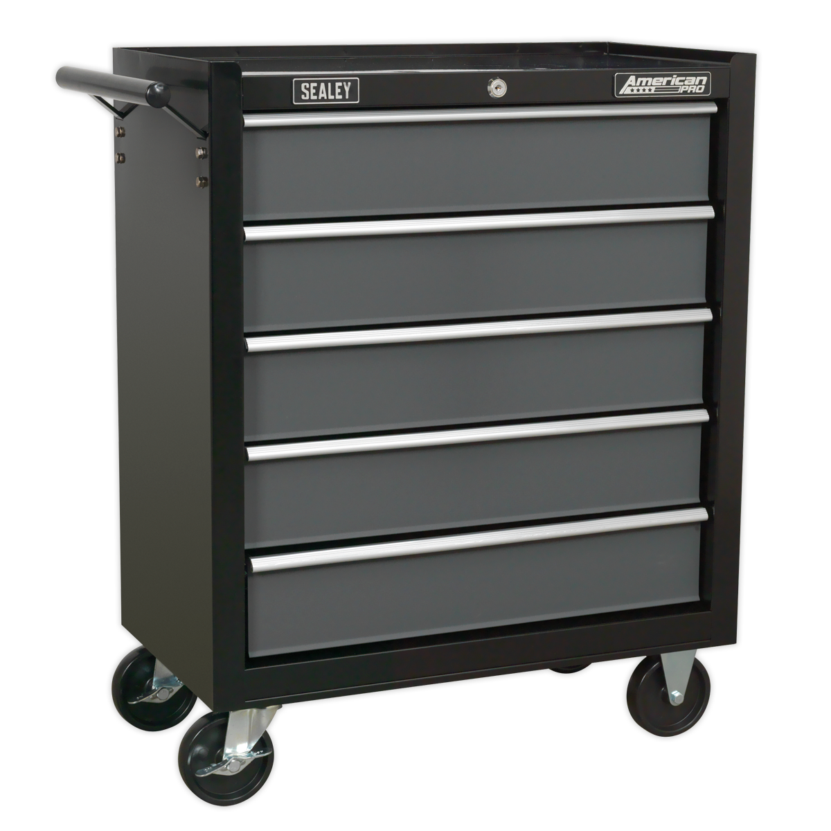 A Sealey Rollcab 5 Drawer tool chest, model AP2505B, in black and grey, features ball-bearing drawer slides, four wheels (including two locking casters), and rear locking bars.