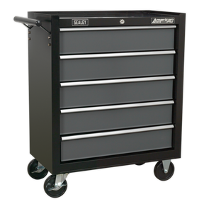 A Sealey Rollcab 5 Drawer tool chest, model AP2505B, in black and grey, features ball-bearing drawer slides, four wheels (including two locking casters), and rear locking bars.