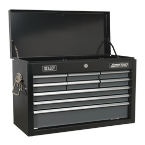 The Sealey Topchest 9 Drawer with Ball-Bearing Slides - Black/Grey - AP2509B features a hinged lid, multiple drawers for ample storage, ball-bearing drawer slides for smooth operation, a cylinder lock for security, and drop down carry handles for easy portability.