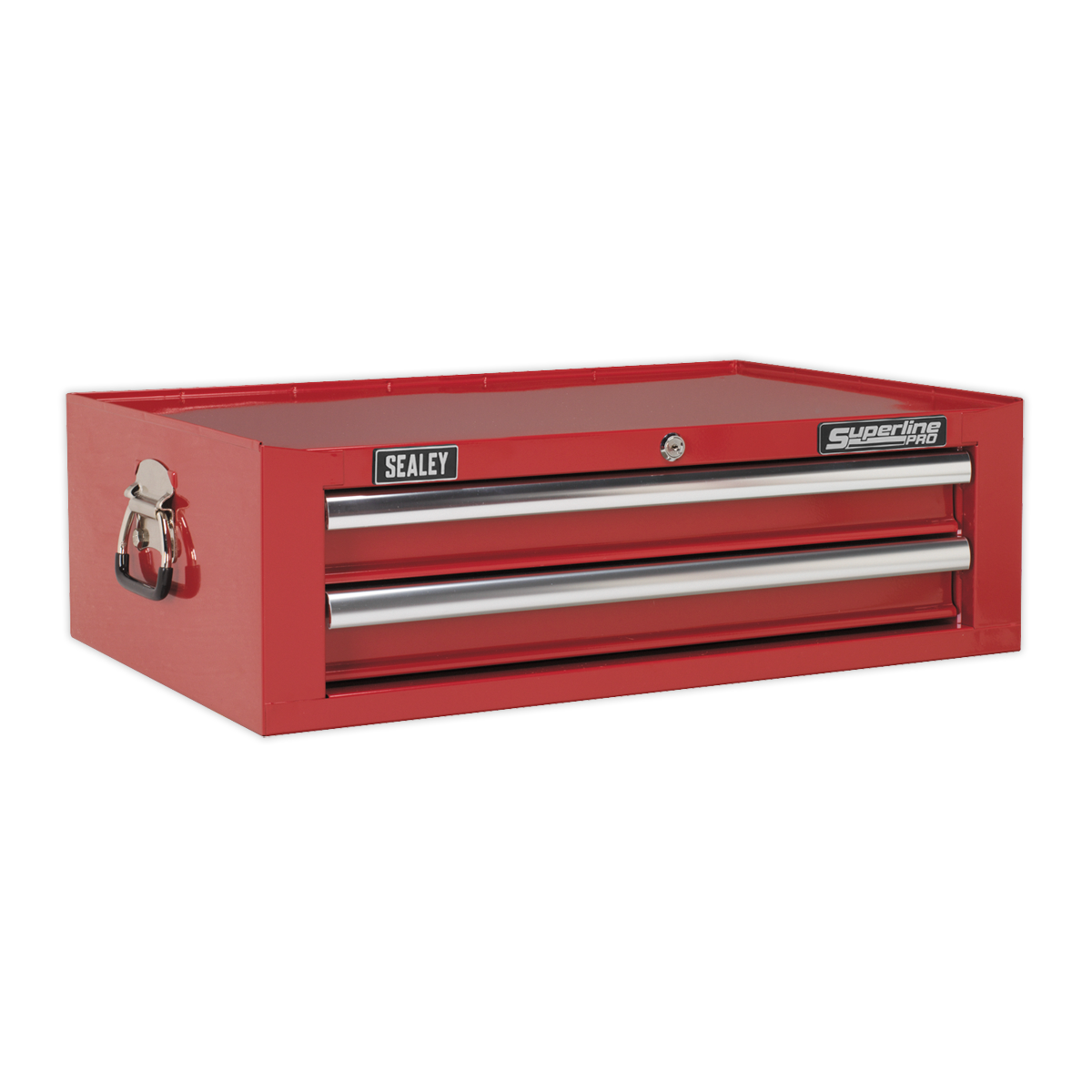 The Sealey Mid-Box 2 Drawer with Ball-Bearing Slides (AP26029T) features two drawers with ball-bearing slides and metal handles on each side, all covered in a rust-resistant powder coat paint.