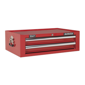 The Sealey Mid-Box 2 Drawer with Ball-Bearing Slides (AP26029T) features two drawers with ball-bearing slides and metal handles on each side, all covered in a rust-resistant powder coat paint.