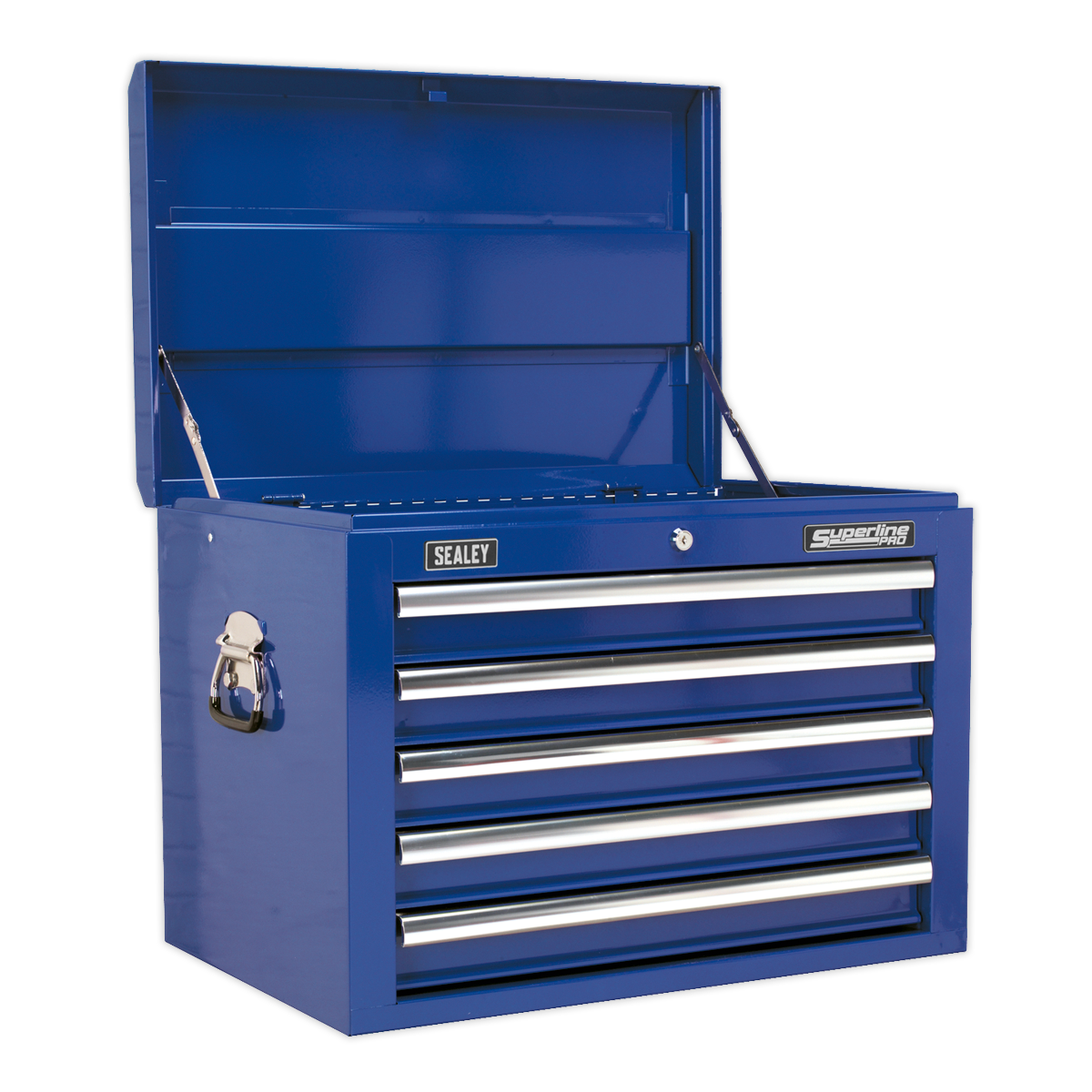 A blue Sealey Topchest, Mid-Box & Rollcab Combination with 14 drawers and ball-bearing slides for smooth operation, designed for storing tools and equipment.