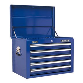 A blue Sealey Topchest 5 Drawer with Ball-Bearing Slides (AP26059TC) features a rust-resistant powder coat paint finish, an open lid, five closed drawers, side handles, and is designed for durability.