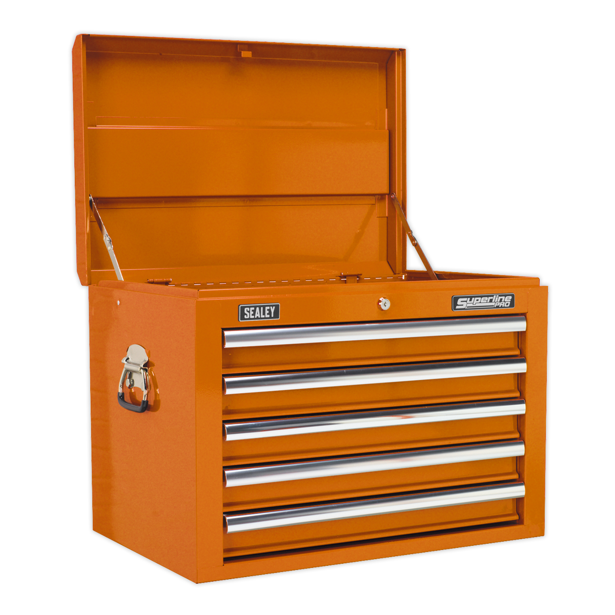 The Sealey Topchest 5 Drawer with Ball-Bearing Slides (AP26059TO) in orange features an open top compartment and five horizontal drawers, complemented by silver handles and a side lock. This durable tool storage solution is equipped with heavy-duty drawer slides for smooth operation and constructed from steel for long-lasting use.