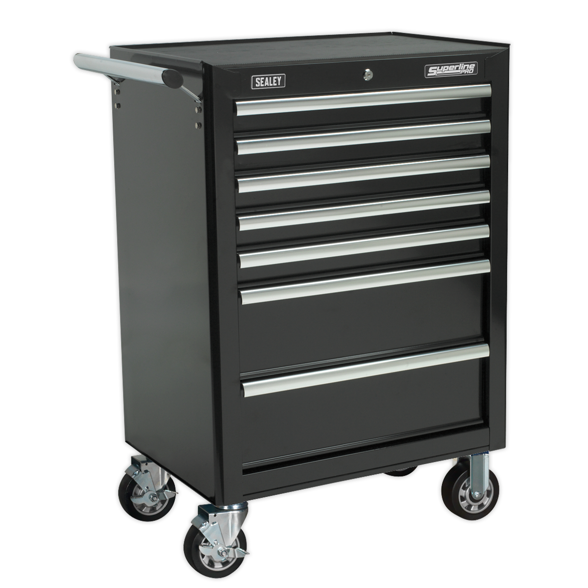 The Sealey Rollcab 7 Drawer with Ball-Bearing Slides - Black - AP26479TB is a black rolling tool chest featuring seven metal drawers. It has the "Sealey" branding on the top left and "Superline Pro" on the top right. The chest boasts heavy-duty ball-bearing drawer slides and a rust-resistant powder coat for enhanced durability. Equipped with four swivel casters for easy mobility, this tool chest also comes with a 5-year guarantee.