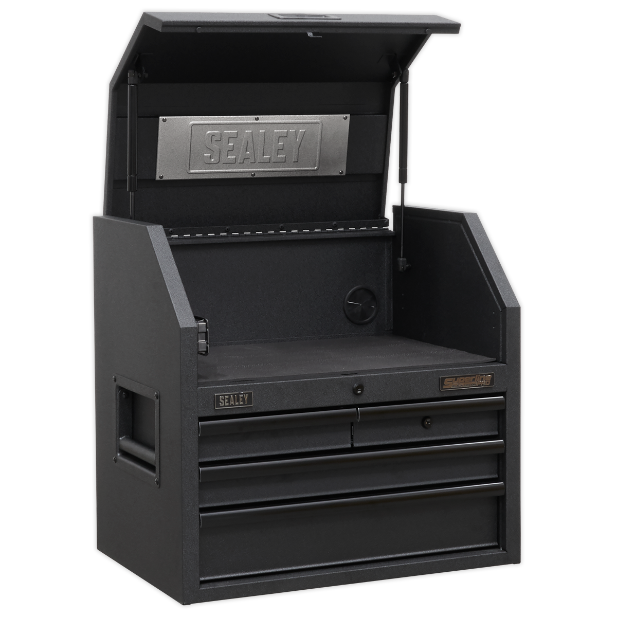 Sealey's Topchest 4 Drawer 660mm, model AP2704BE, features an open top compartment and three drawers with soft close mechanisms. It includes heavy-duty drawer slides, a rust-resistant finish, and displays a metal Sealey logo on the inside.