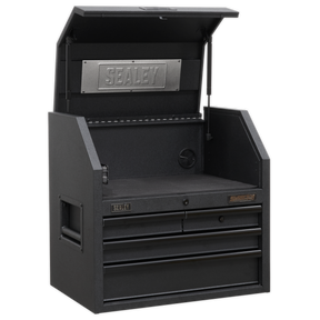 Sealey's Topchest 4 Drawer 660mm, model AP2704BE, features an open top compartment and three drawers with soft close mechanisms. It includes heavy-duty drawer slides, a rust-resistant finish, and displays a metal Sealey logo on the inside.