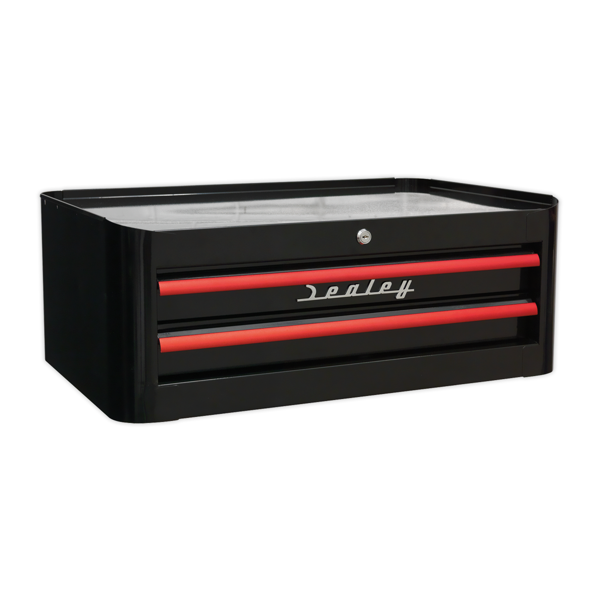 The Sealey Mid-Box 2 Drawer Retro Style in Black with Red Anodised Drawer Pulls (AP28102BR) features ball-bearing slides and a front lock, and it comes with a 10-year guarantee.