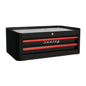 The Sealey Mid-Box 2 Drawer Retro Style in Black with Red Anodised Drawer Pulls (AP28102BR) features ball-bearing slides and a front lock, and it comes with a 10-year guarantee.