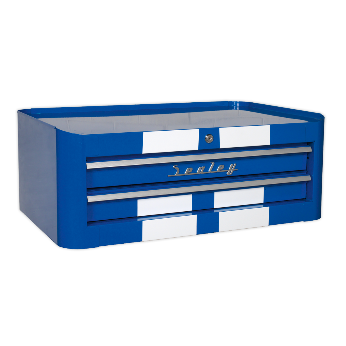 A Sealey Mid-Box 2 Drawer Retro Style toolbox (AP28102BWS) featuring a blue and white striped metal design with three ball-bearing slide drawers, Lift & Latch drawer pulls, and a front lock.