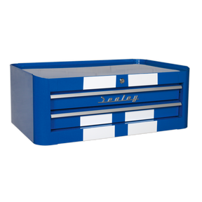 A Sealey Mid-Box 2 Drawer Retro Style toolbox (AP28102BWS) featuring a blue and white striped metal design with three ball-bearing slide drawers, Lift & Latch drawer pulls, and a front lock.