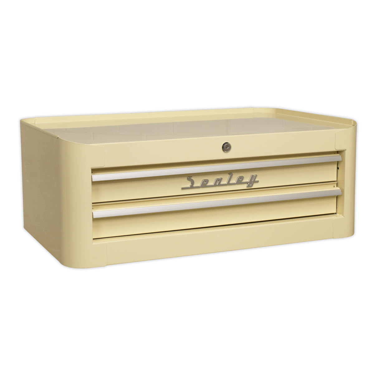 The Sealey Mid-Box 2 Drawer Retro Style - AP28102 is a beige tool chest that features a retro mid-box design and ball-bearing slides for smooth operation. The front lock ensures your tools are secure, while the Lift & Latch drawer pulls add a touch of convenience.