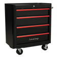Rollcab 4 Drawer Retro Style- Black with Red Anodised Drawer Pulls - AP28204BR - Farming Parts