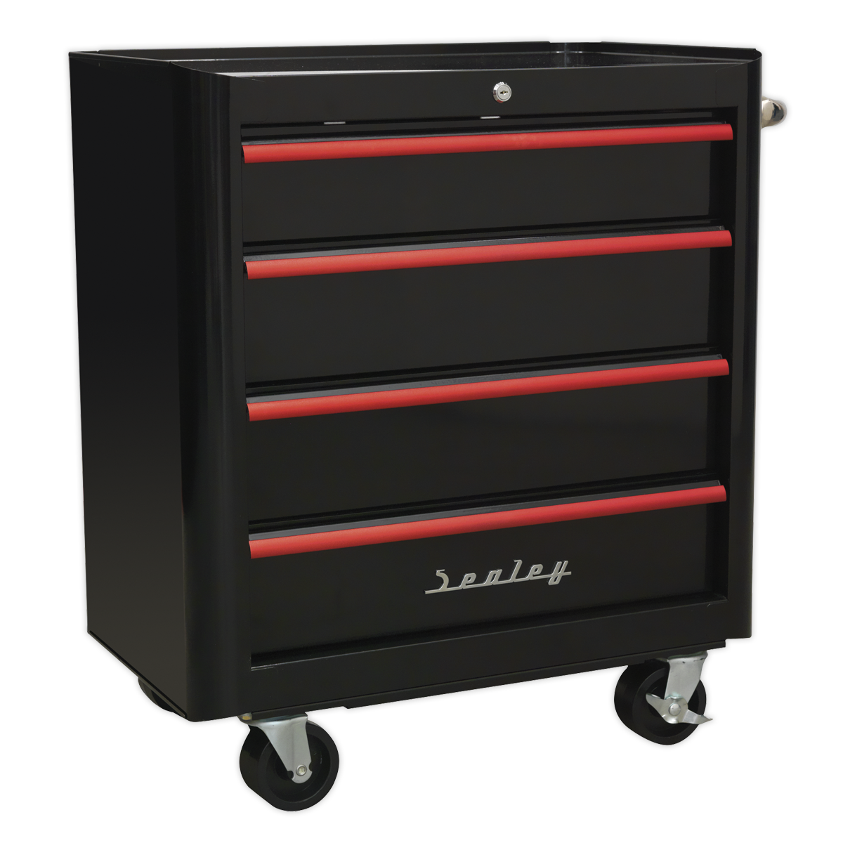 Rollcab 4 Drawer Retro Style- Black with Red Anodised Drawer Pulls - AP28204BR - Farming Parts