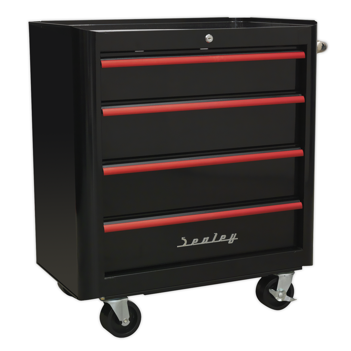 The Sealey Rollcab 4 Drawer Retro Style - Black with Red Anodised Drawer Pulls (AP28204BR) is a retro-styled tool chest featuring four drawers with smooth ball-bearing slides and heavy-duty castors for easy mobility.