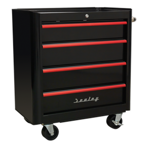 The Sealey Rollcab 4 Drawer Retro Style - Black with Red Anodised Drawer Pulls (AP28204BR) is a retro-styled tool chest featuring four drawers with smooth ball-bearing slides and heavy-duty castors for easy mobility.